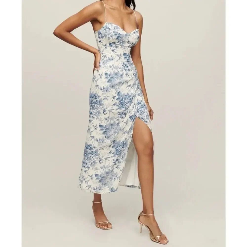NWT Reformation Kourtney Dress 10 Pompadour Blue Floral Midi Slip Dress